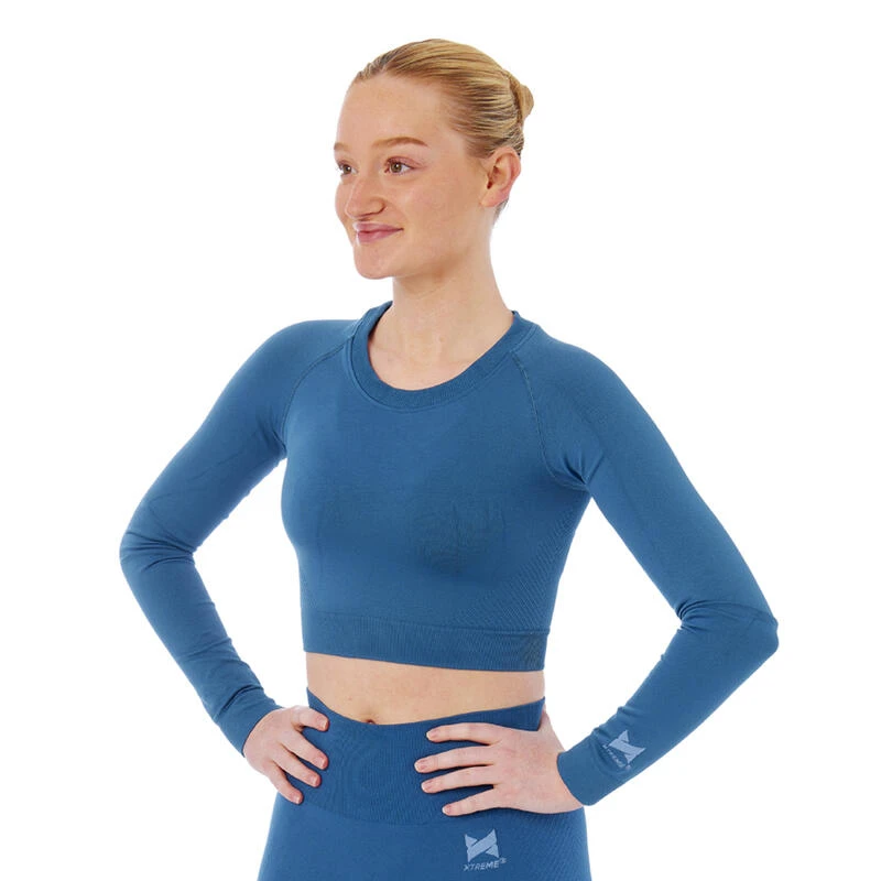 Xtreme Sportswear Crop Sporttop Lange Mouwen Dames Blauw 1 Xtreme Sportswear Crop Sporttop Lange Mouwen Dames Blauw